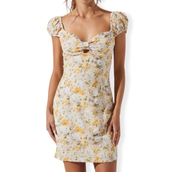 Astr The Label Mini Dress Floral Print Smocked Back Puffed Cap Sleeve Large NWT - Picture 1 of 11